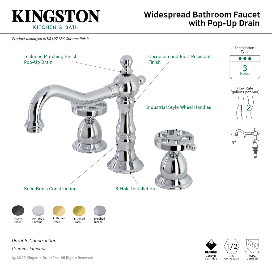 Belknap KS1972RX Two-Handle 3-Hole Deck Mount Widespread Bathroom Faucet with Brass Pop-Up, Polished Brass