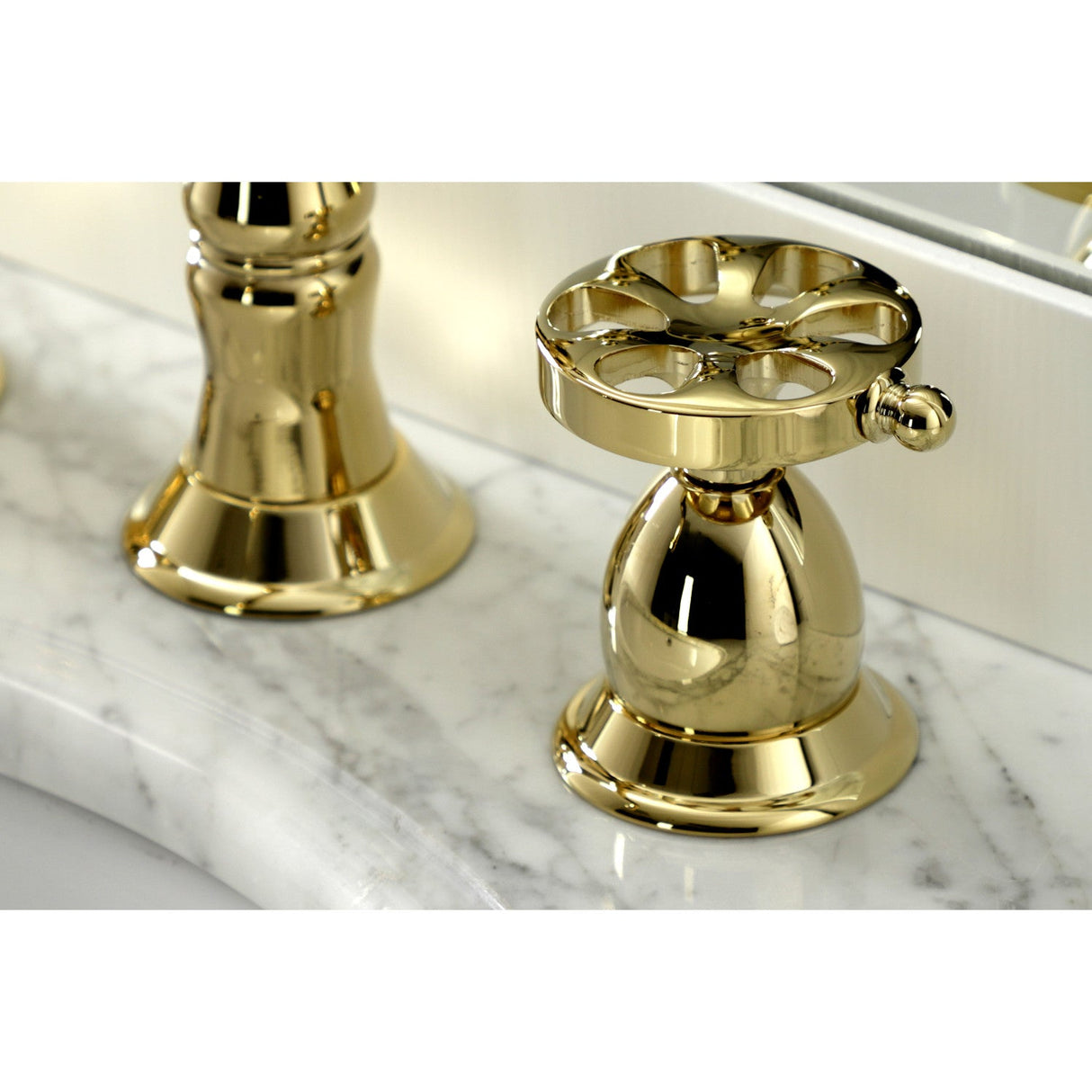 Belknap KS1972RX Two-Handle 3-Hole Deck Mount Widespread Bathroom Faucet with Brass Pop-Up, Polished Brass