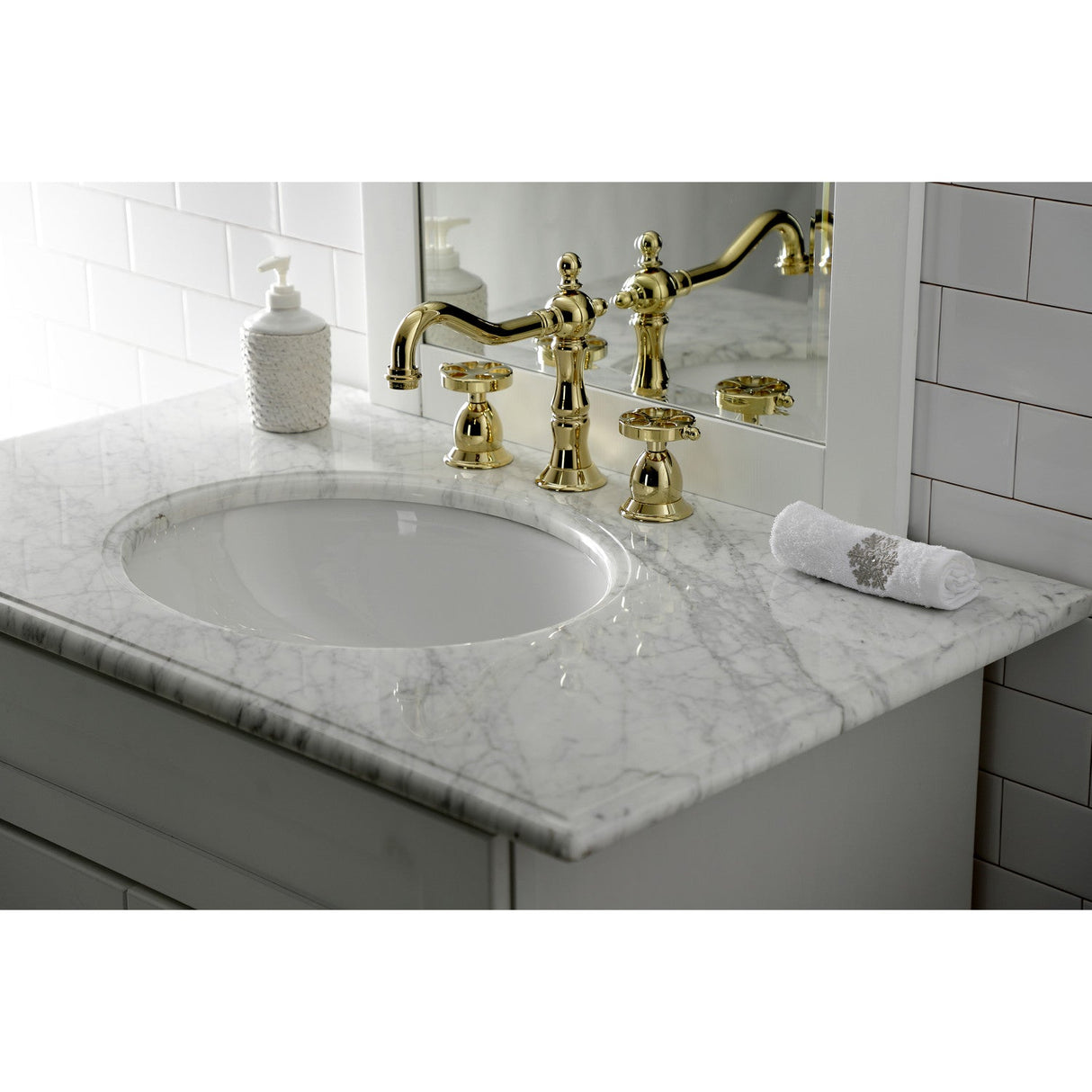 Belknap KS1972RX Two-Handle 3-Hole Deck Mount Widespread Bathroom Faucet with Brass Pop-Up, Polished Brass