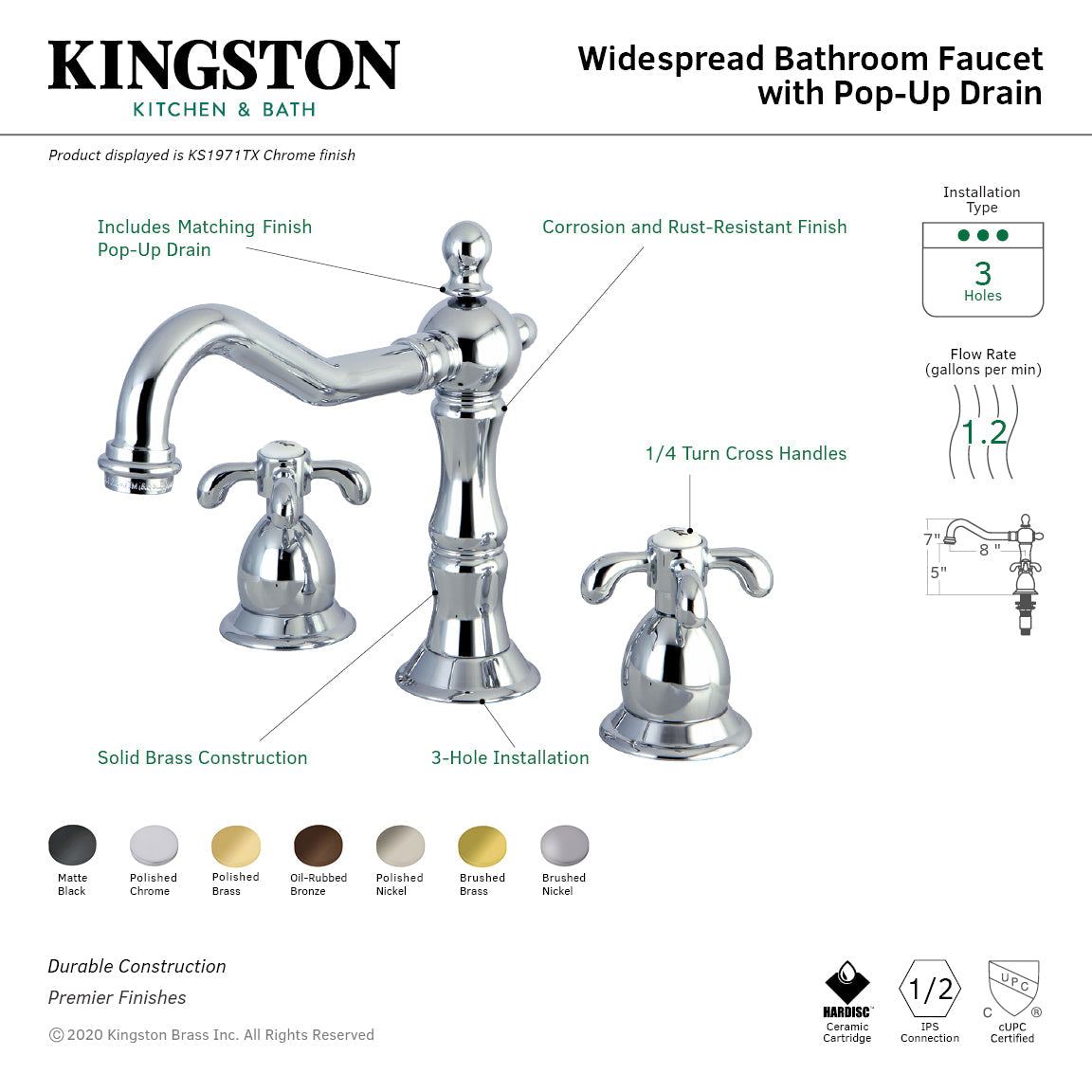 French Country KS1975TX Two-Handle 3-Hole Deck Mount Widespread Bathroom Faucet with Brass Pop-Up, Oil Rubbed Bronze