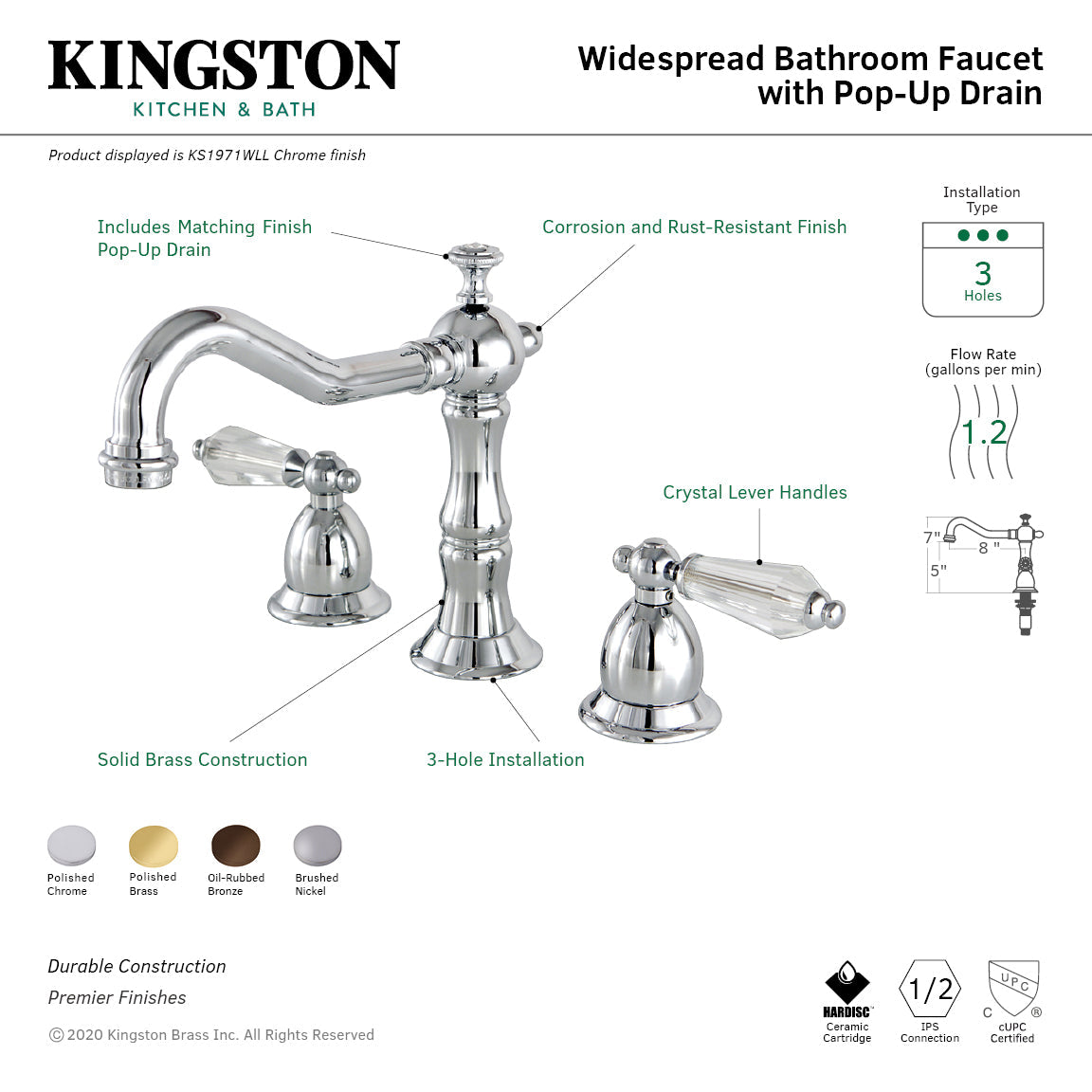 Wilshire KS1975WLL Two-Handle 3-Hole Deck Mount Widespread Bathroom Faucet with Brass Pop-Up, Oil Rubbed Bronze