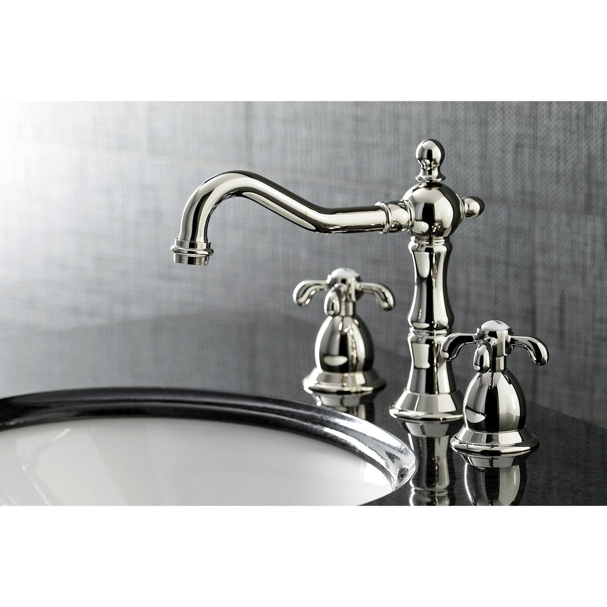 French Country KS1976TX Two-Handle 3-Hole Deck Mount Widespread Bathroom Faucet with Brass Pop-Up, Polished Nickel