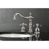 French Country KS1976TX Two-Handle 3-Hole Deck Mount Widespread Bathroom Faucet with Brass Pop-Up, Polished Nickel