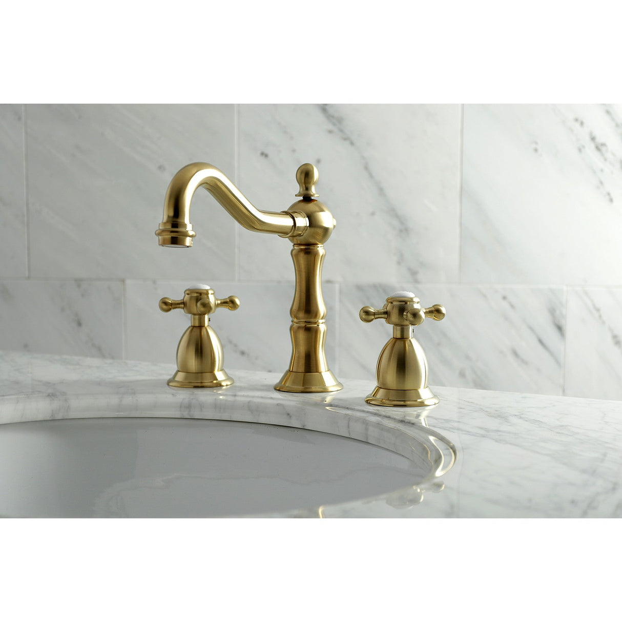 Heritage KS1977BX Two-Handle 3-Hole Deck Mount Widespread Bathroom Faucet with Brass Pop-Up, Brushed Brass