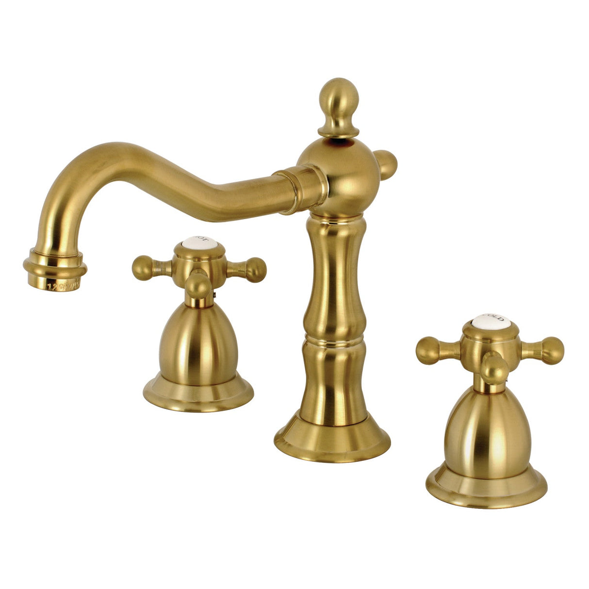 Heritage KS1977BX Two-Handle 3-Hole Deck Mount Widespread Bathroom Faucet with Brass Pop-Up, Brushed Brass