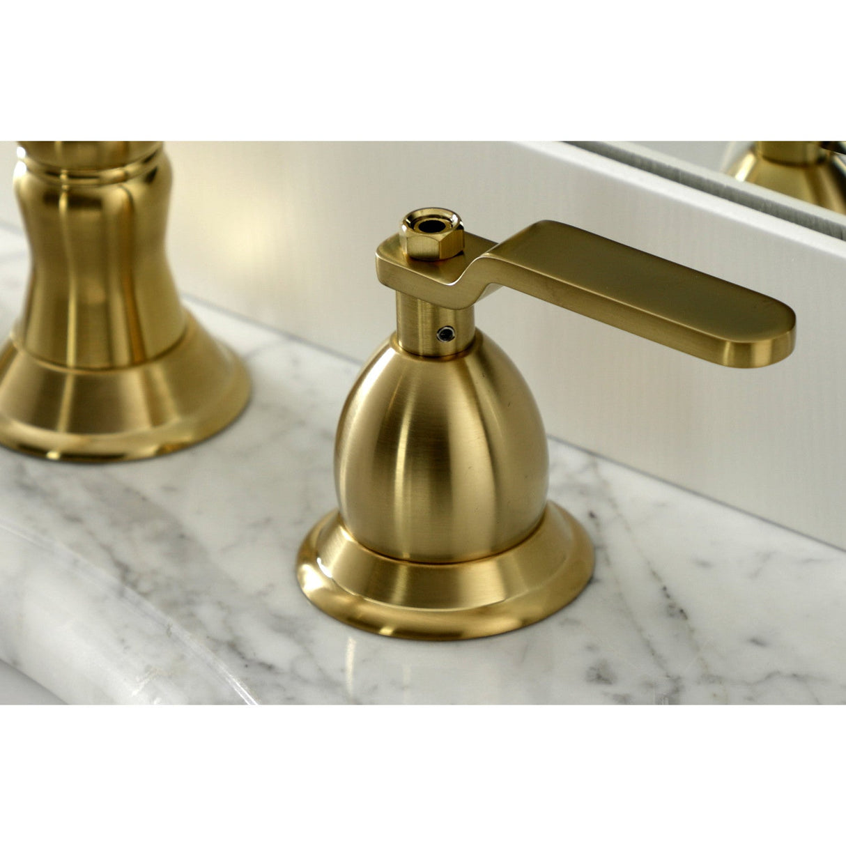 Whitaker KS1977KL Two-Handle 3-Hole Deck Mount Widespread Bathroom Faucet with Brass Pop-Up, Brushed Brass