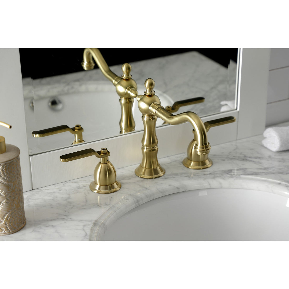 Whitaker KS1977KL Two-Handle 3-Hole Deck Mount Widespread Bathroom Faucet with Brass Pop-Up, Brushed Brass