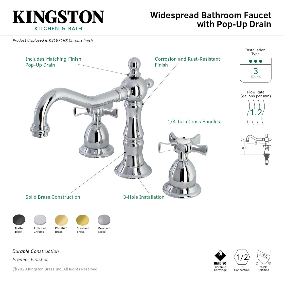 Hamilton KS1977NX Two-Handle 3-Hole Deck Mount Widespread Bathroom Faucet with Brass Pop-Up, Brushed Brass