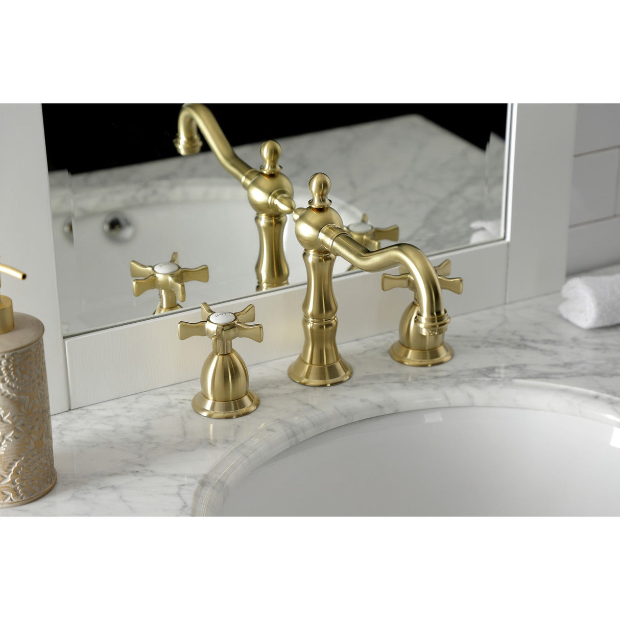 Hamilton KS1977NX Two-Handle 3-Hole Deck Mount Widespread Bathroom Faucet with Brass Pop-Up, Brushed Brass