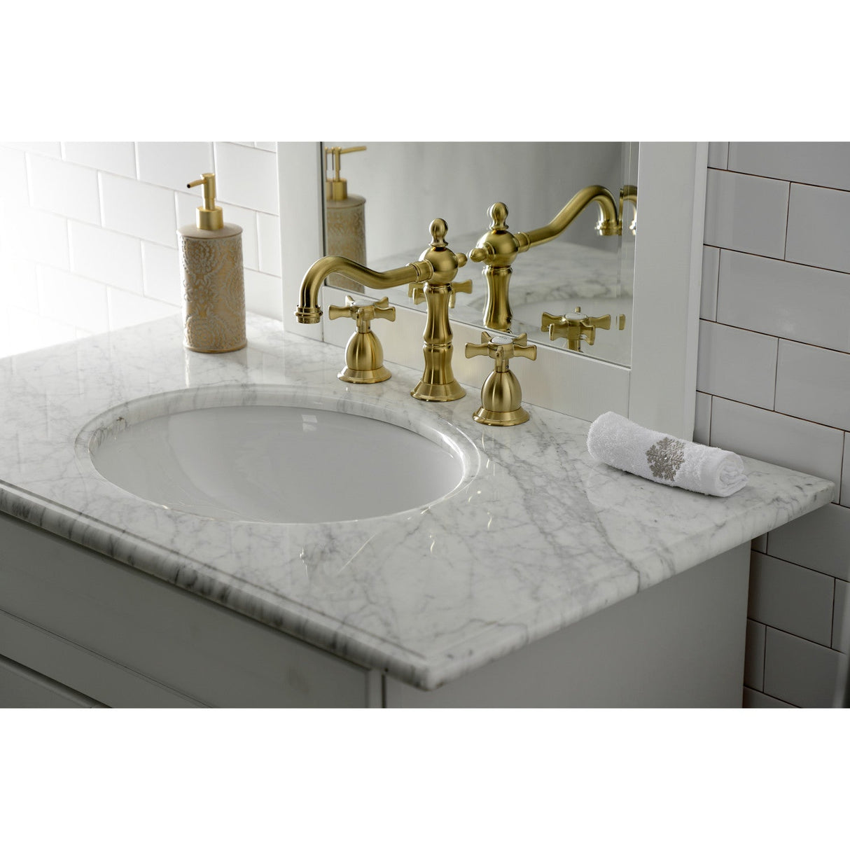 Hamilton KS1977NX Two-Handle 3-Hole Deck Mount Widespread Bathroom Faucet with Brass Pop-Up, Brushed Brass