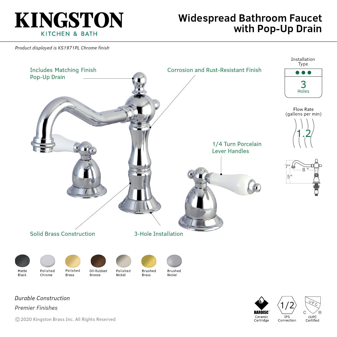 Heritage KS1977PL Two-Handle 3-Hole Deck Mount Widespread Bathroom Faucet with Brass Pop-Up, Brushed Brass