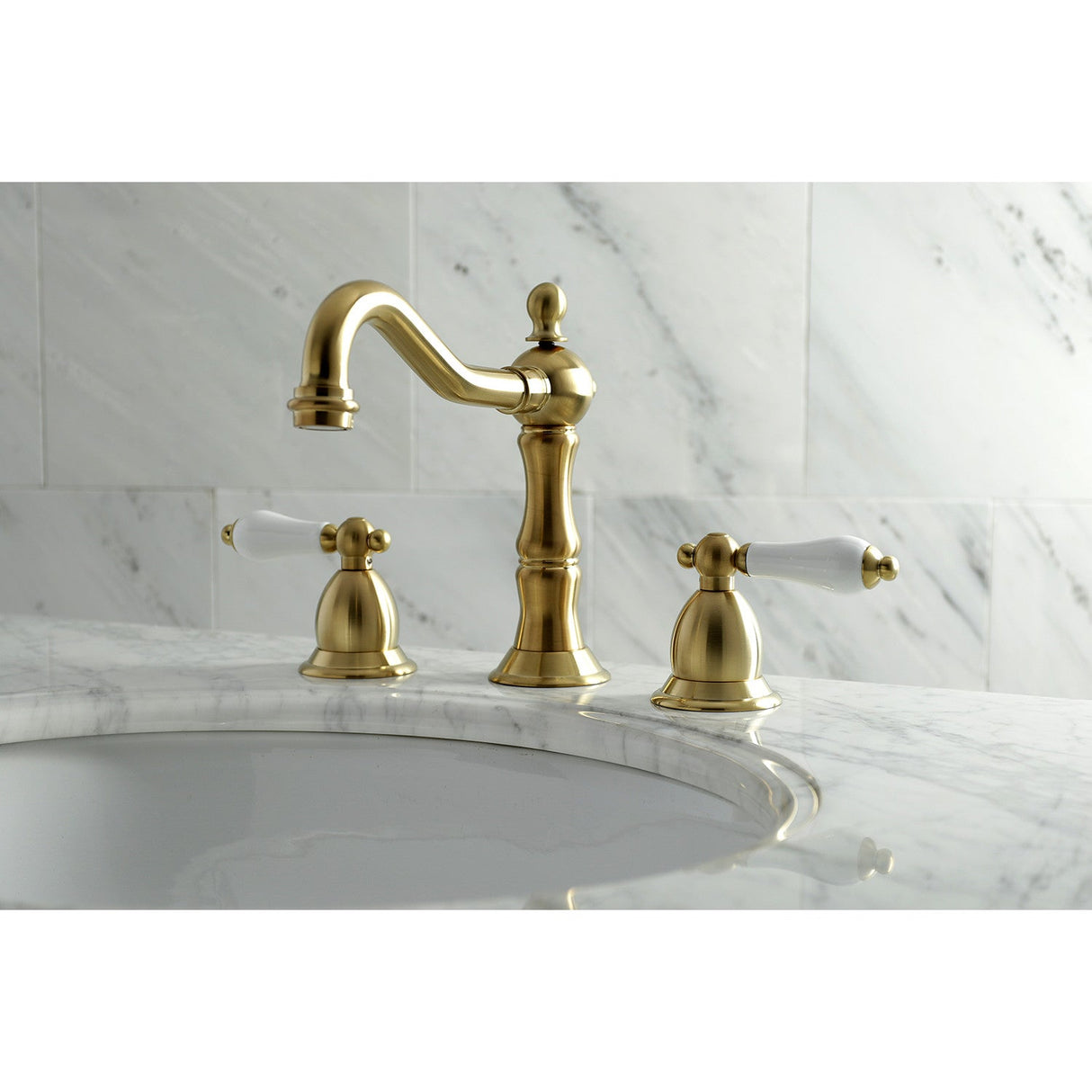 Heritage KS1977PL Two-Handle 3-Hole Deck Mount Widespread Bathroom Faucet with Brass Pop-Up, Brushed Brass