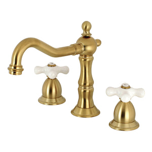 Heritage KS1977PX Two-Handle 3-Hole Deck Mount Widespread Bathroom Faucet with Brass Pop-Up, Brushed Brass