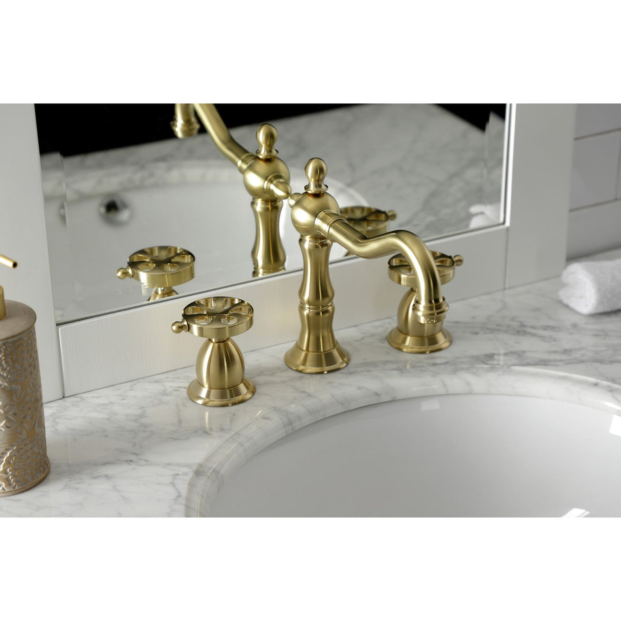 Belknap KS1977RX Two-Handle 3-Hole Deck Mount Widespread Bathroom Faucet with Brass Pop-Up, Brushed Brass