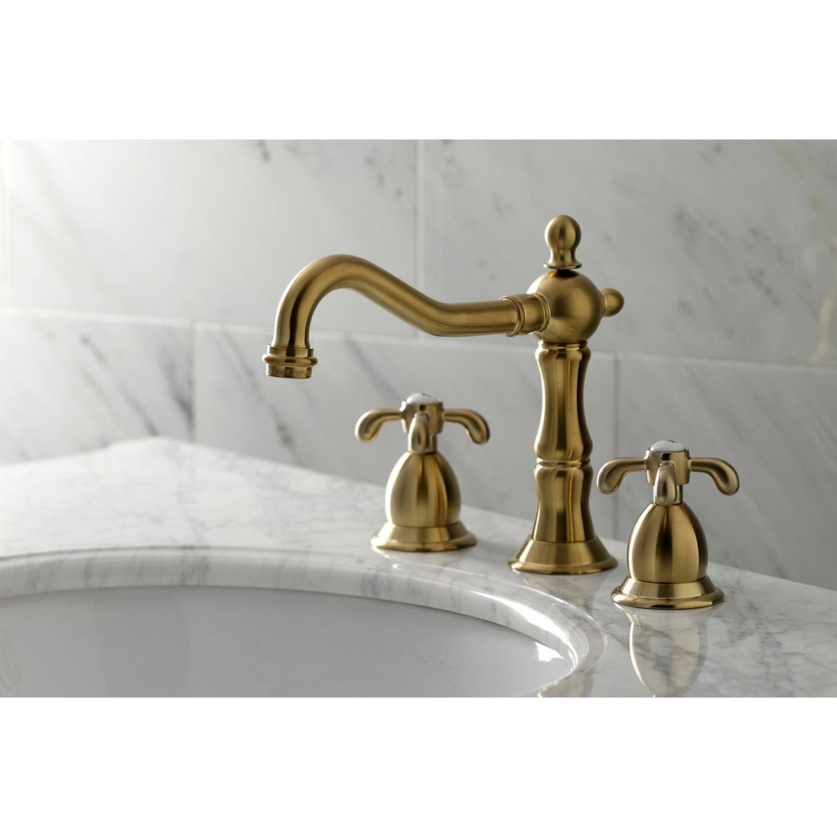 French Country KS1977TX Two-Handle 3-Hole Deck Mount Widespread Bathroom Faucet with Brass Pop-Up, Brushed Brass