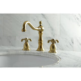 French Country KS1977TX Two-Handle 3-Hole Deck Mount Widespread Bathroom Faucet with Brass Pop-Up, Brushed Brass