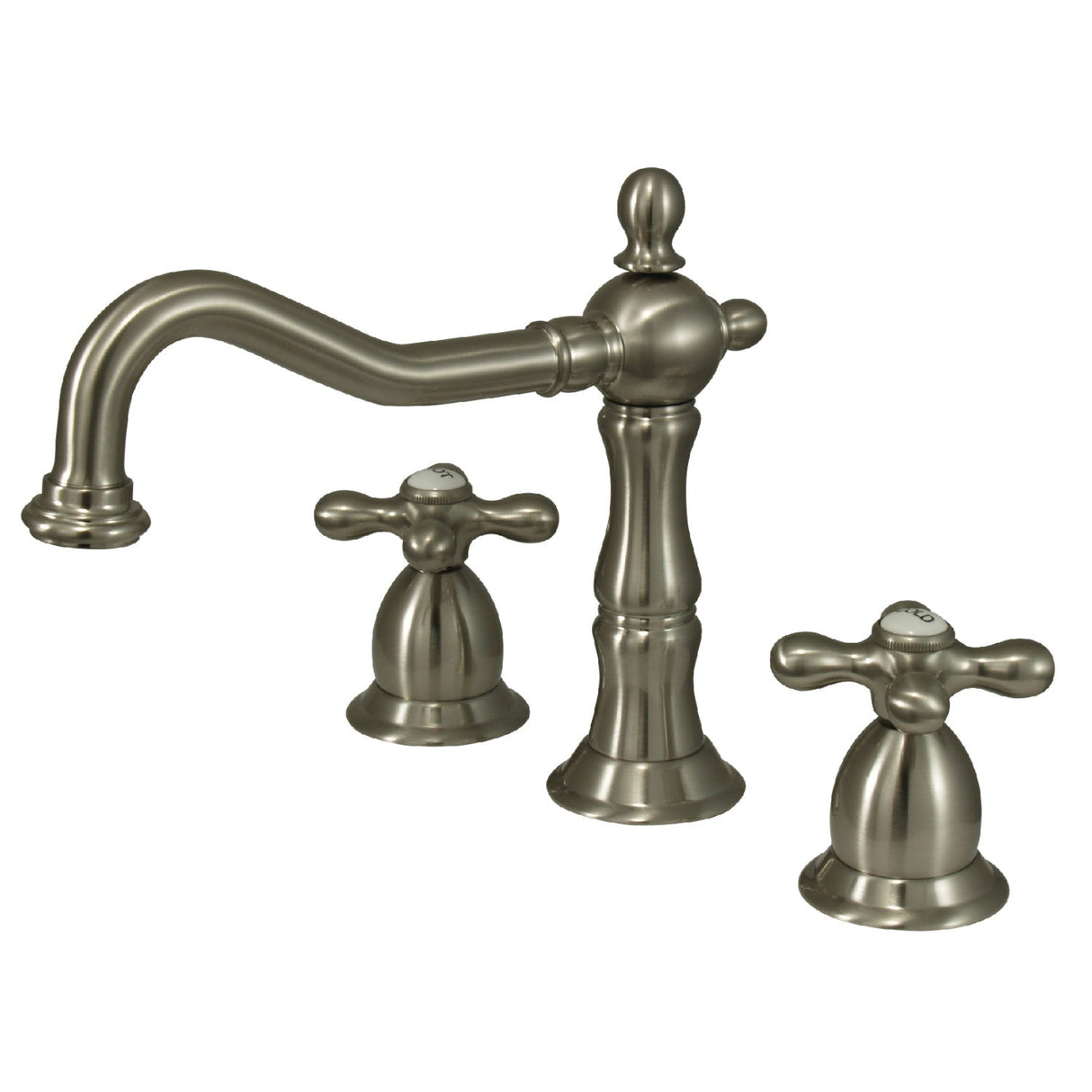 Heritage KS1978AX Two-Handle 3-Hole Deck Mount Widespread Bathroom Faucet with Brass Pop-Up, Brushed Nickel