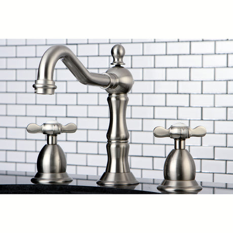 Essex KS1978BEX Two-Handle 3-Hole Deck Mount Widespread Bathroom Faucet with Brass Pop-Up, Brushed Nickel