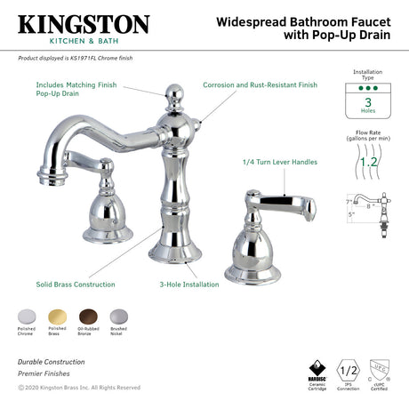 Heritage KS1978FL Two-Handle 3-Hole Deck Mount Widespread Bathroom Faucet with Brass Pop-Up, Brushed Nickel