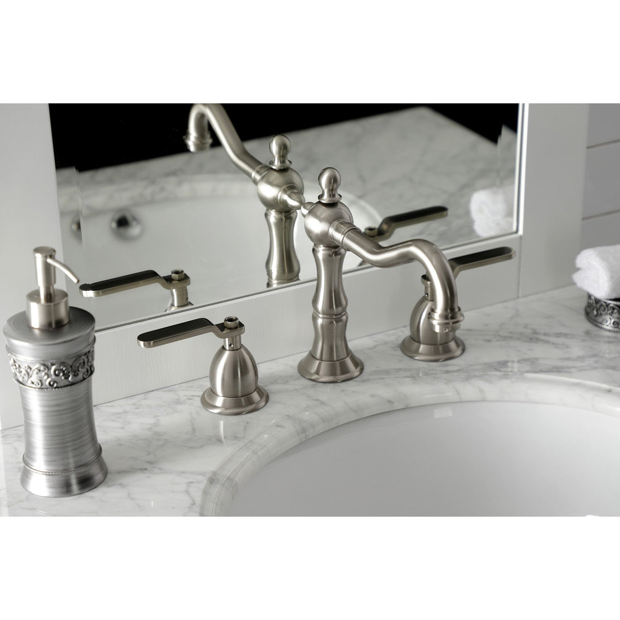 Whitaker KS1978KL Two-Handle 3-Hole Deck Mount Widespread Bathroom Faucet with Brass Pop-Up, Brushed Nickel