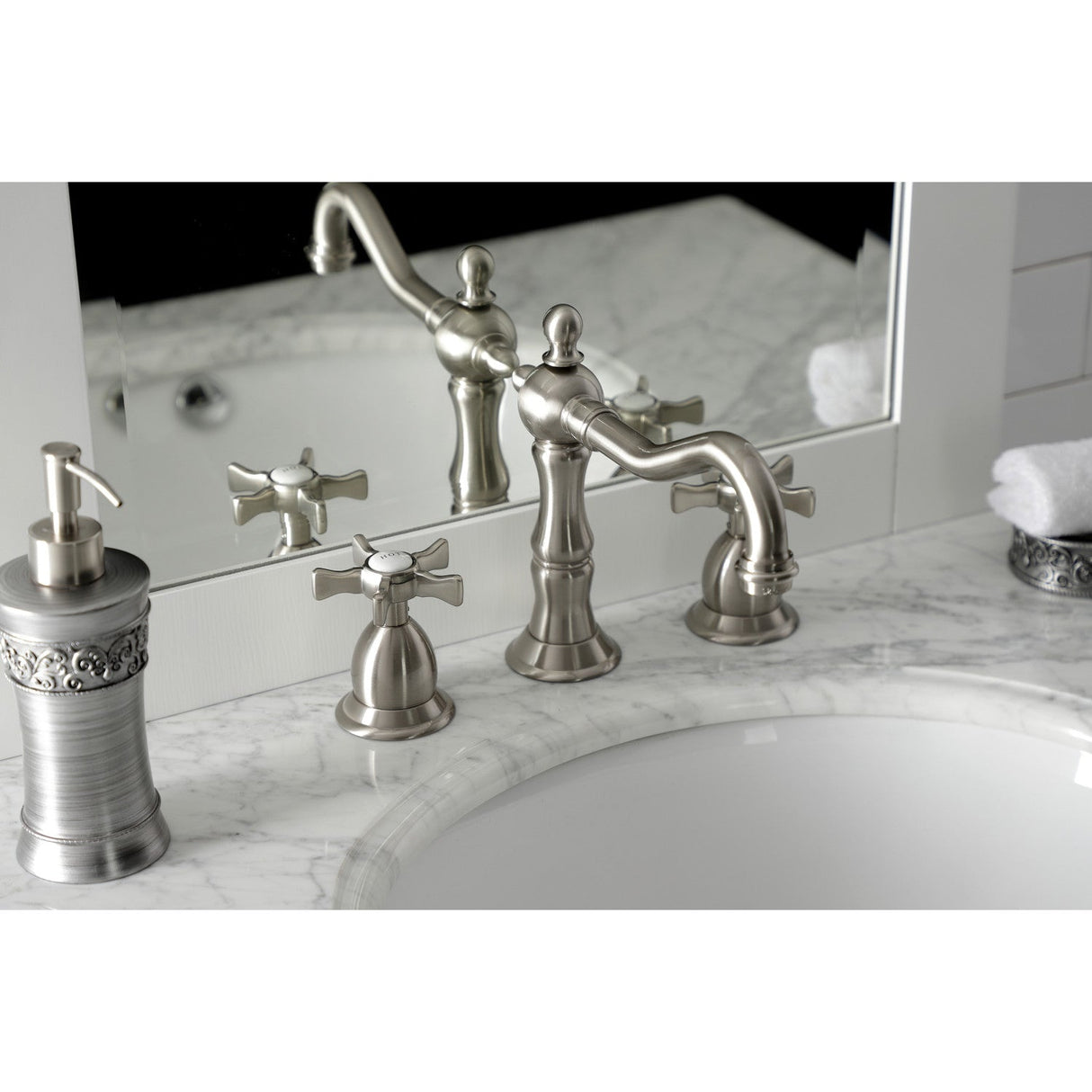 Hamilton KS1978NX Two-Handle 3-Hole Deck Mount Widespread Bathroom Faucet with Brass Pop-Up, Brushed Nickel