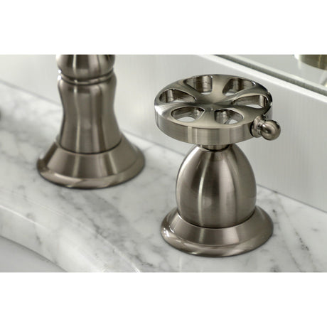 Belknap KS1978RX Two-Handle 3-Hole Deck Mount Widespread Bathroom Faucet with Brass Pop-Up, Brushed Nickel