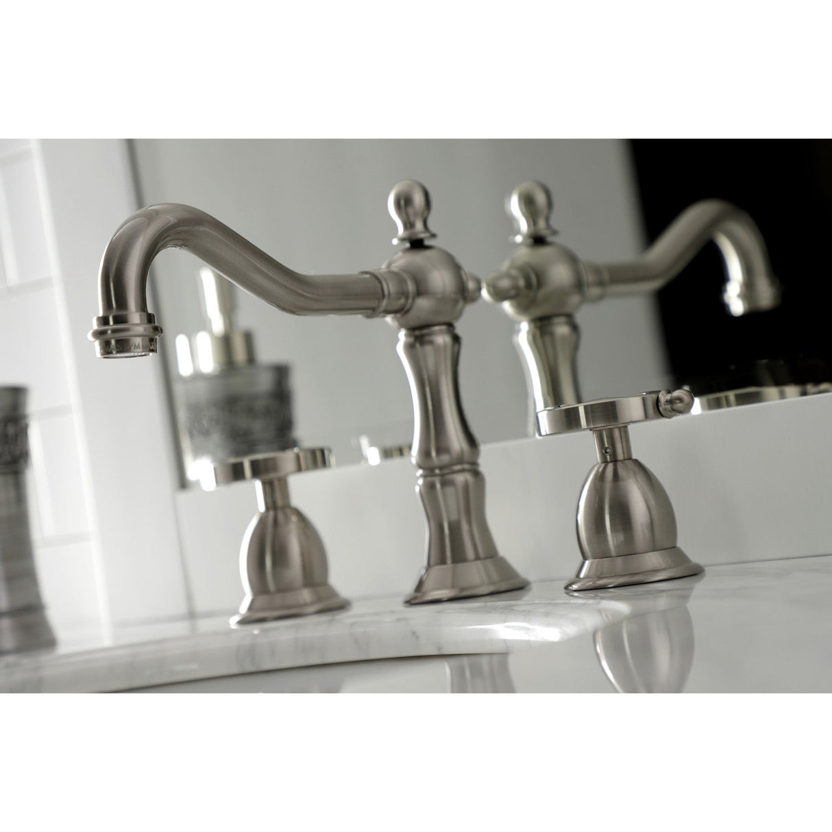 Belknap KS1978RX Two-Handle 3-Hole Deck Mount Widespread Bathroom Faucet with Brass Pop-Up, Brushed Nickel