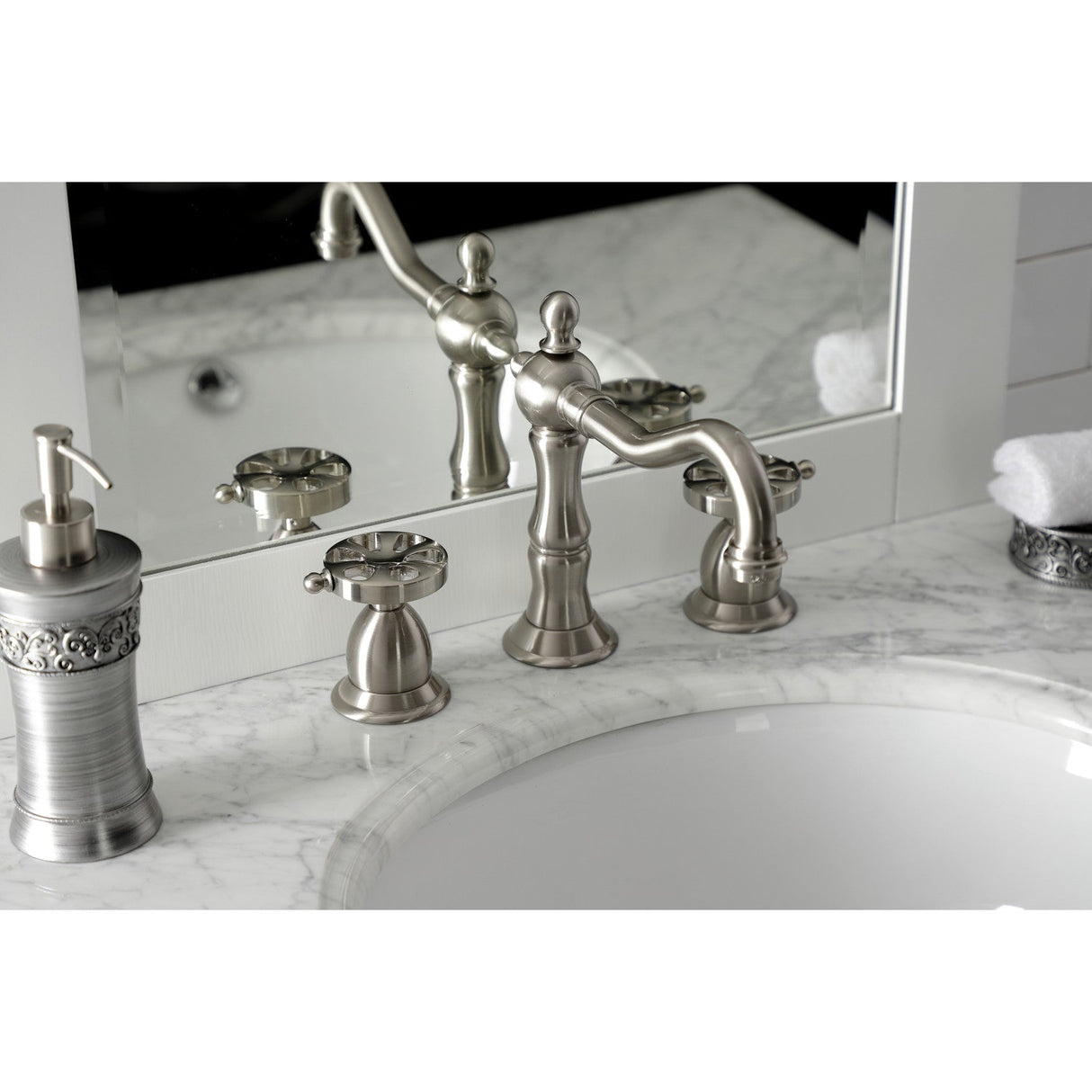 Belknap KS1978RX Two-Handle 3-Hole Deck Mount Widespread Bathroom Faucet with Brass Pop-Up, Brushed Nickel