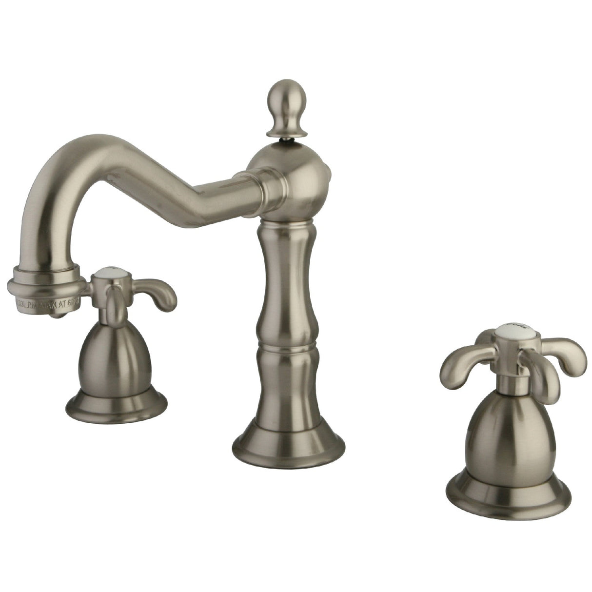 French Country KS1978TX Two-Handle 3-Hole Deck Mount Widespread Bathroom Faucet with Brass Pop-Up, Brushed Nickel