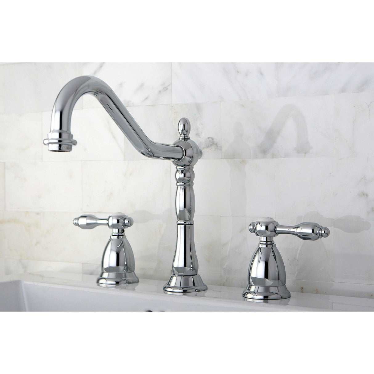 Tudor KS1991TAL Two-Handle 3-Hole Deck Mount Widespread Bathroom Faucet with Brass Pop-Up, Polished Chrome