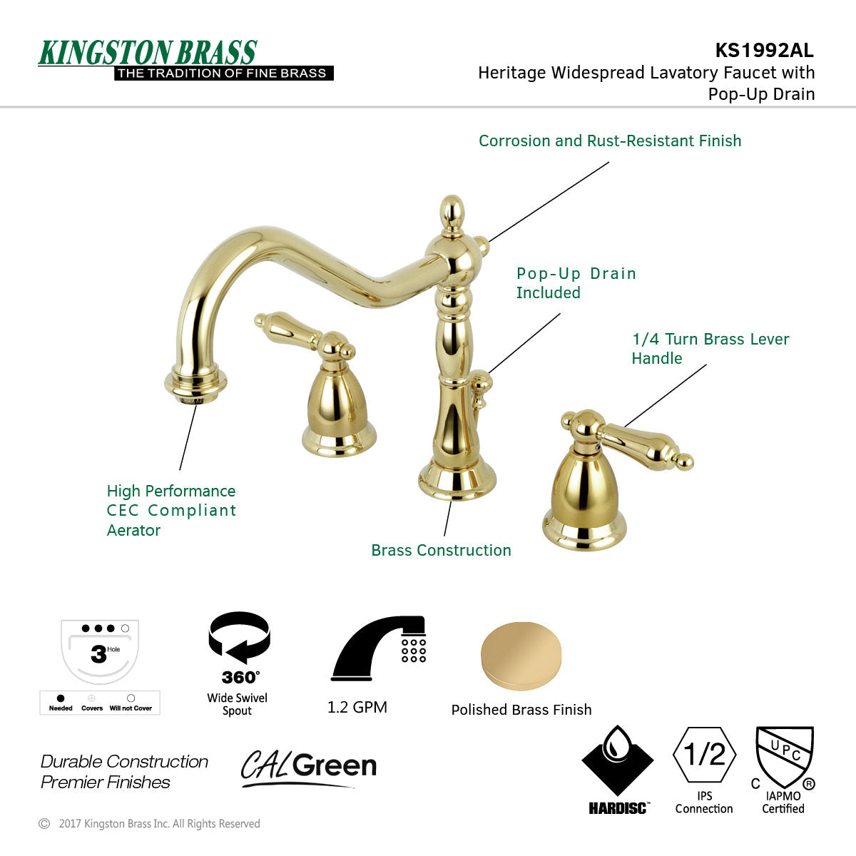 Heritage KS1992AL Two-Handle 3-Hole Deck Mount Widespread Bathroom Faucet with Brass Pop-Up, Polished Brass