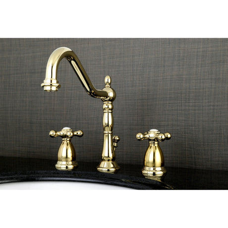 Heritage KS1992AX Two-Handle 3-Hole Deck Mount Widespread Bathroom Faucet with Brass Pop-Up, Polished Brass