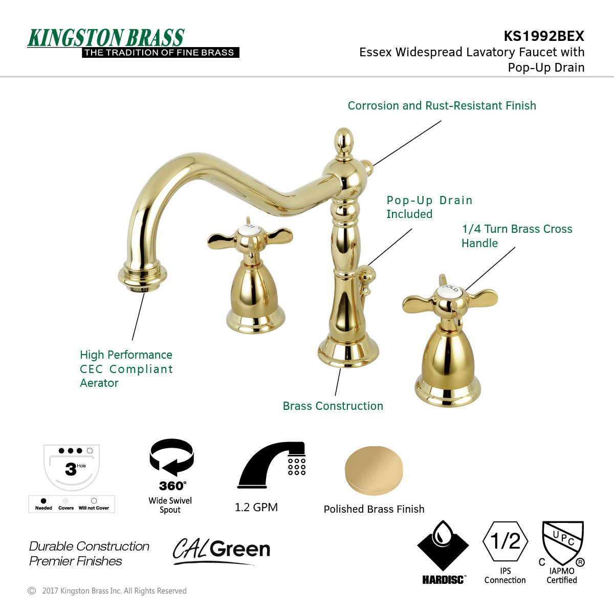 Essex KS1992BEX Two-Handle 3-Hole Deck Mount Widespread Bathroom Faucet with Brass Pop-Up, Polished Brass