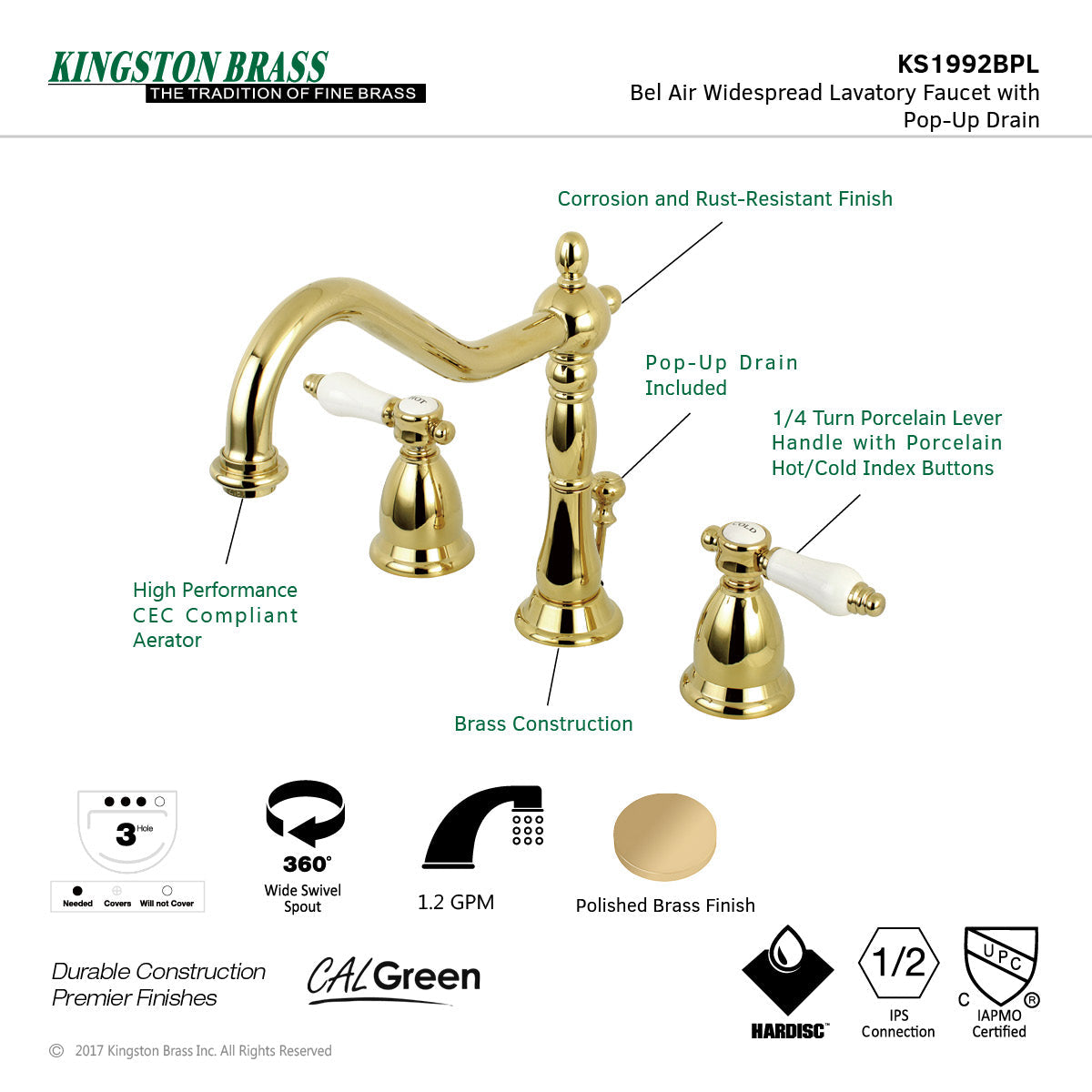 Bel-Air KS1992BPL Two-Handle 3-Hole Deck Mount Widespread Bathroom Faucet with Brass Pop-Up, Polished Brass