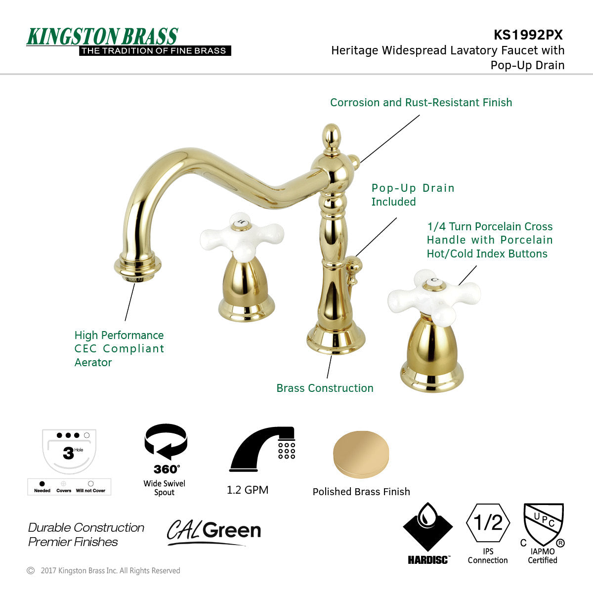 Heritage KS1992PX Two-Handle 3-Hole Deck Mount Widespread Bathroom Faucet with Brass Pop-Up, Polished Brass
