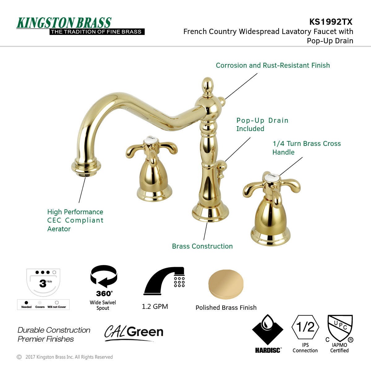 French Country KS1992TX Two-Handle 3-Hole Deck Mount Widespread Bathroom Faucet with Brass Pop-Up, Polished Brass