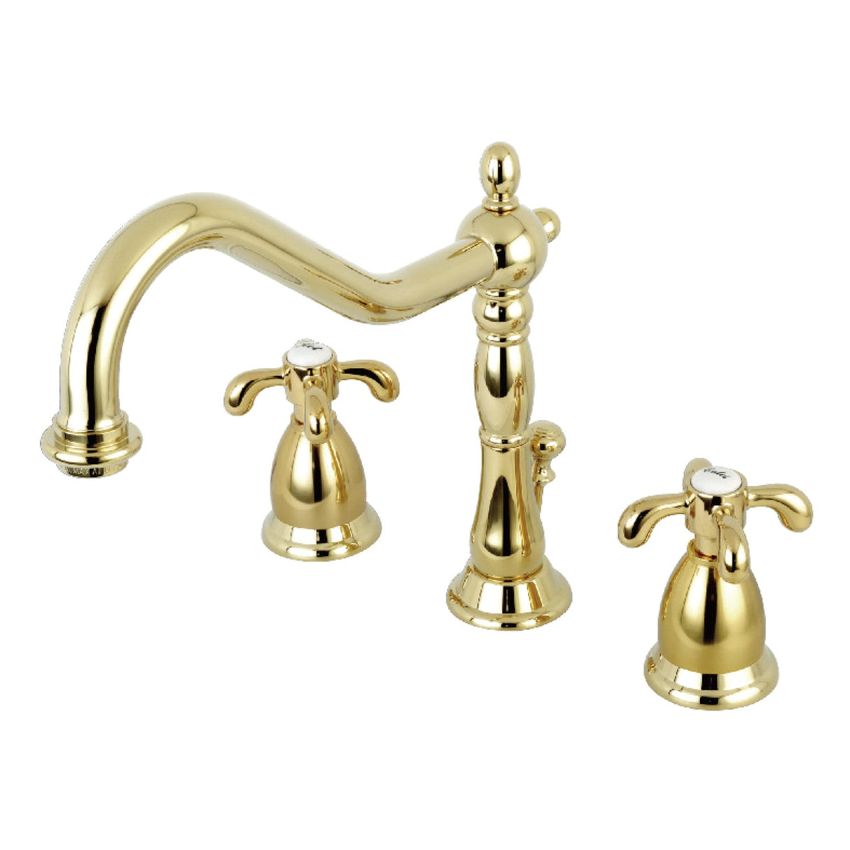 French Country KS1992TX Two-Handle 3-Hole Deck Mount Widespread Bathroom Faucet with Brass Pop-Up, Polished Brass