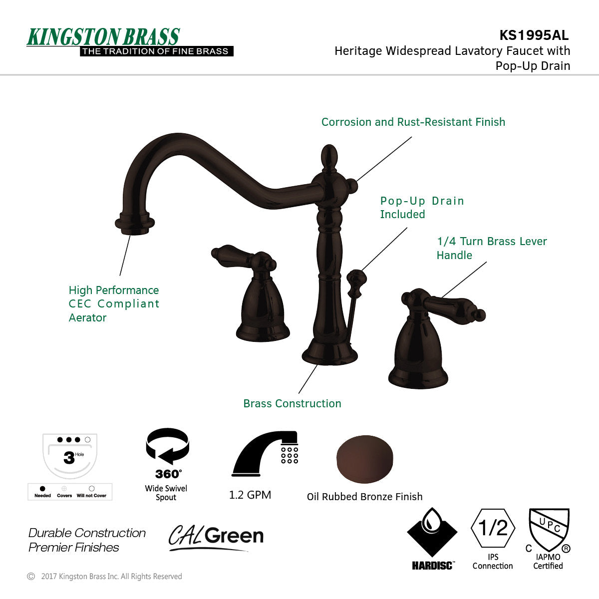 Heritage KS1995AL Two-Handle 3-Hole Deck Mount Widespread Bathroom Faucet with Brass Pop-Up, Oil Rubbed Bronze