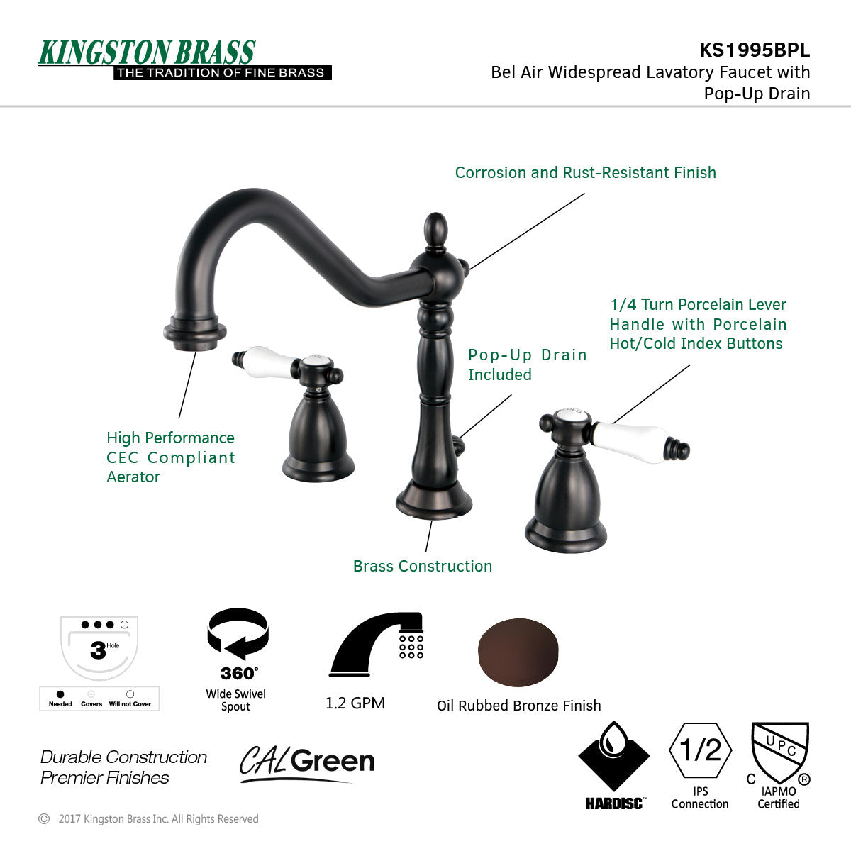 Bel-Air KS1995BPL Two-Handle 3-Hole Deck Mount Widespread Bathroom Faucet with Brass Pop-Up, Oil Rubbed Bronze