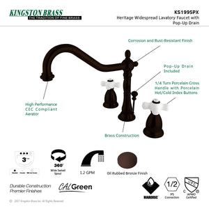 Heritage KS1995PX Two-Handle 3-Hole Deck Mount Widespread Bathroom Faucet with Brass Pop-Up, Oil Rubbed Bronze