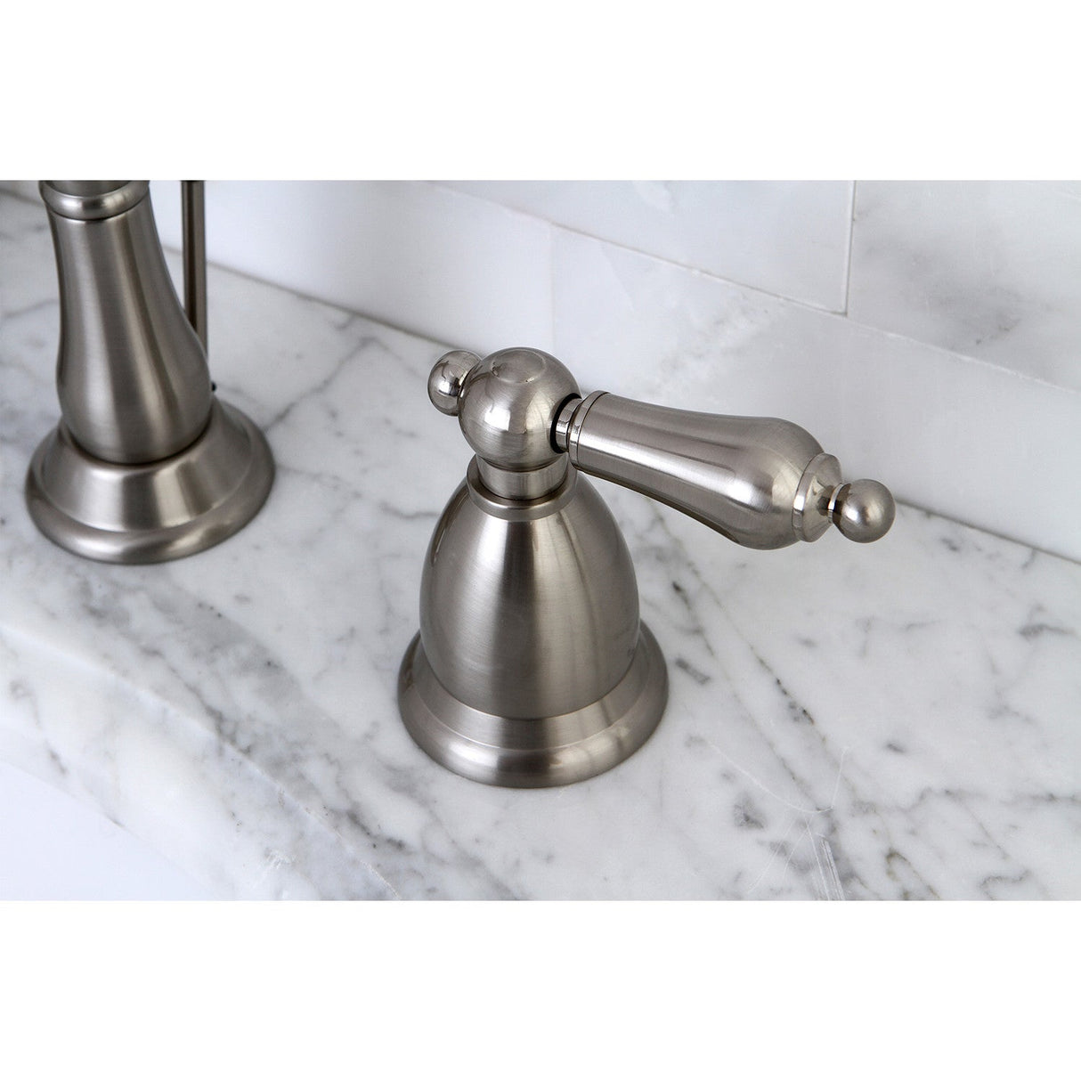 Heritage KS1998AL Two-Handle 3-Hole Deck Mount Widespread Bathroom Faucet with Brass Pop-Up, Brushed Nickel