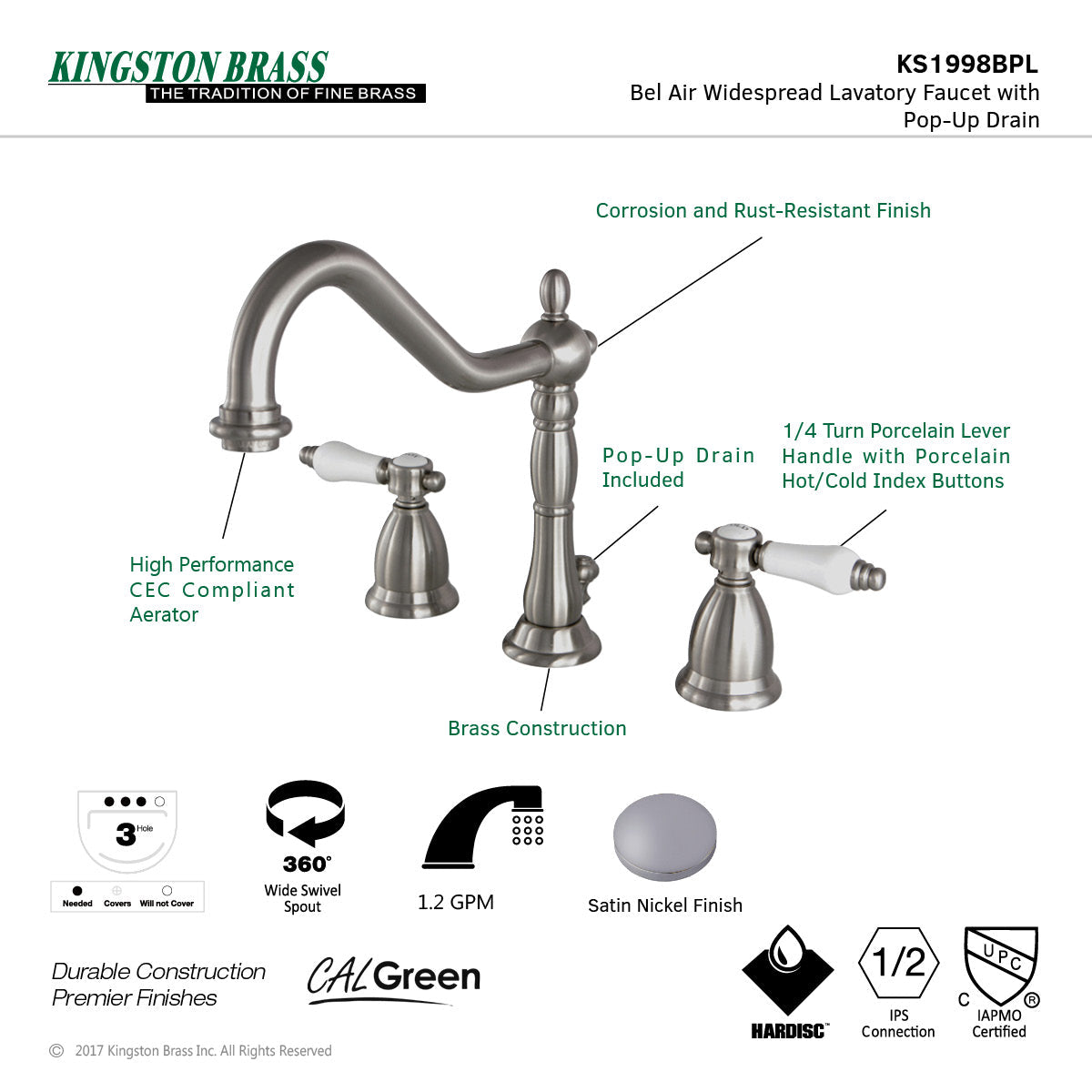 Bel-Air KS1998BPL Two-Handle 3-Hole Deck Mount Widespread Bathroom Faucet with Brass Pop-Up, Brushed Nickel