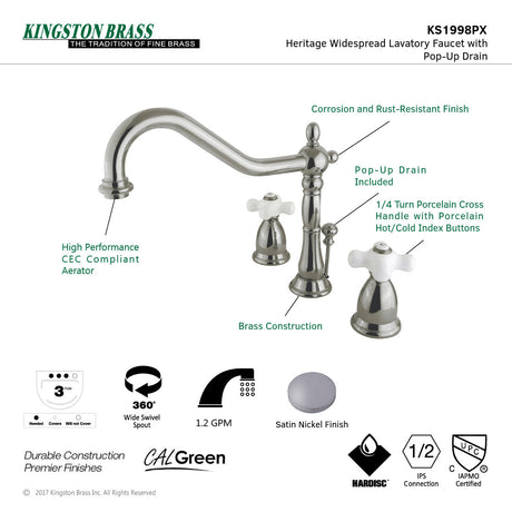 Heritage KS1998PX Two-Handle 3-Hole Deck Mount Widespread Bathroom Faucet with Brass Pop-Up, Brushed Nickel