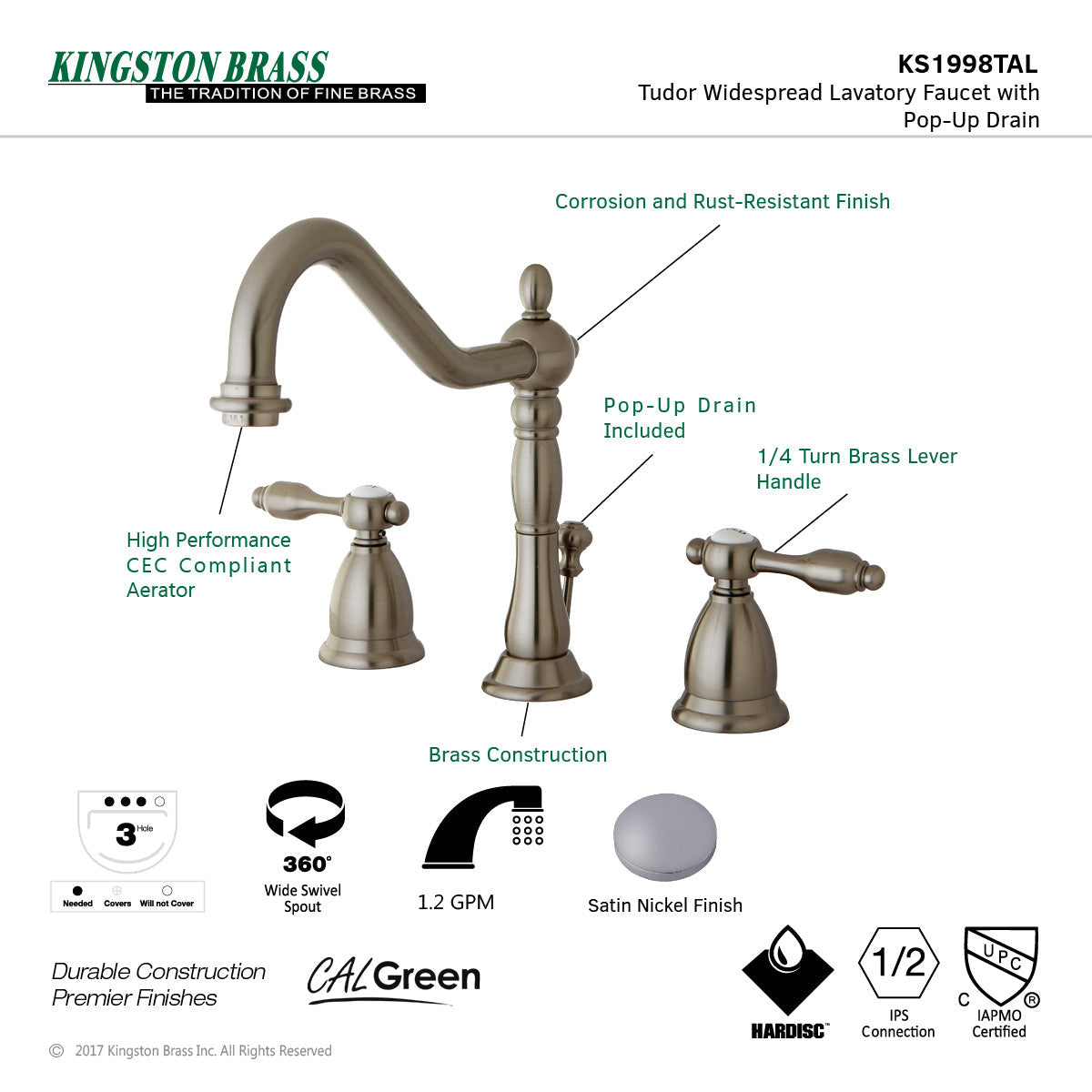 Tudor KS1998TAL Two-Handle 3-Hole Deck Mount Widespread Bathroom Faucet with Brass Pop-Up, Brushed Nickel