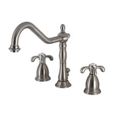 French Country KS1998TX Two-Handle 3-Hole Deck Mount Widespread Bathroom Faucet with Brass Pop-Up, Brushed Nickel