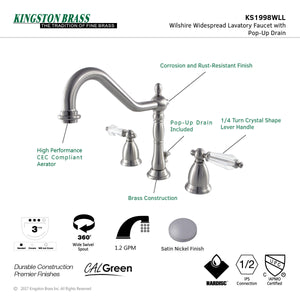 Wilshire KS1998WLL Two-Handle 3-Hole Deck Mount Widespread Bathroom Faucet with Brass Pop-Up, Brushed Nickel