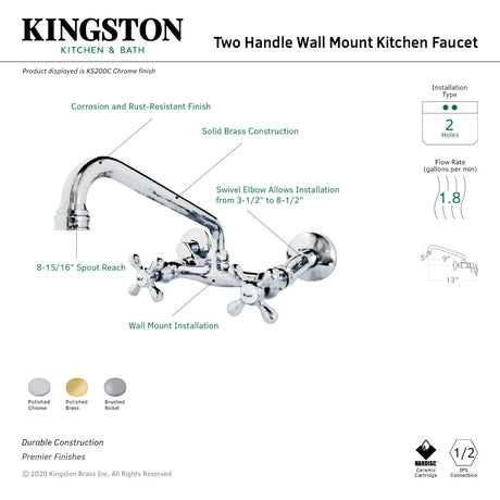 Kingston KS200PB Two-Handle 2-Hole Wall Mount Kitchen Faucet, Polished Brass