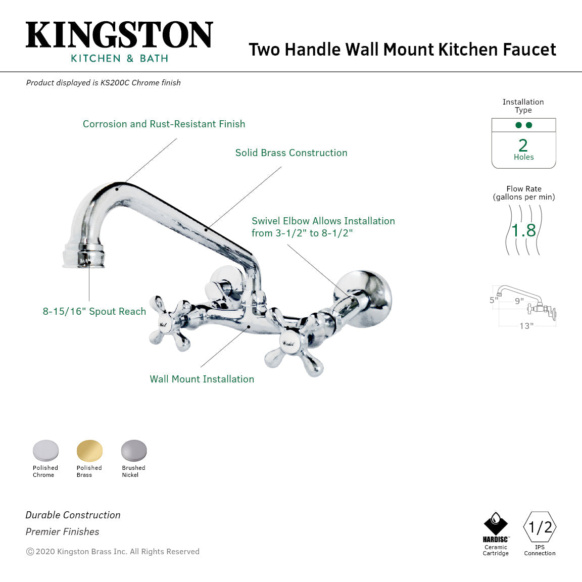 Kingston KS200PB Two-Handle 2-Hole Wall Mount Kitchen Faucet, Polished Brass