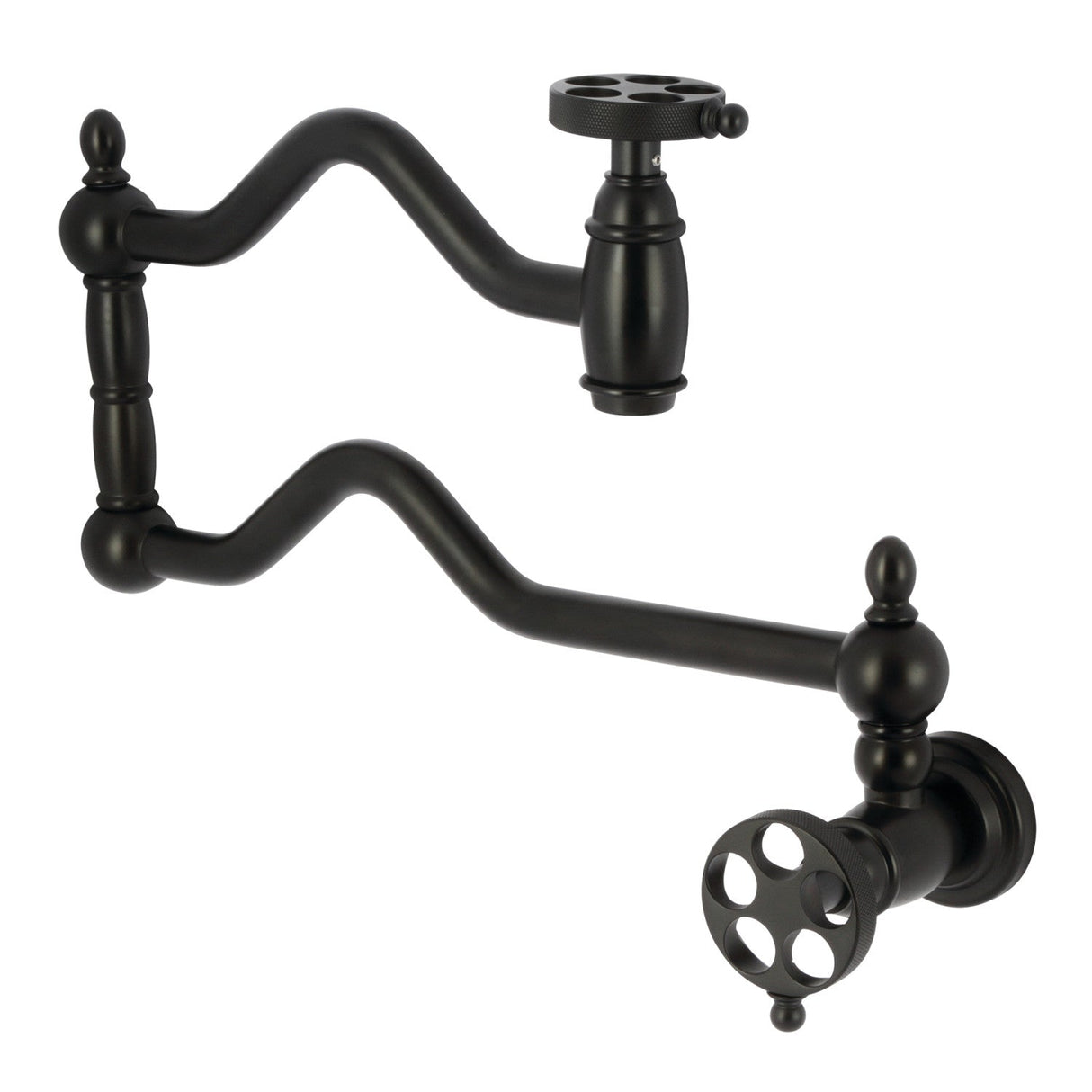 Wendell KS2100RKZ Two-Handle 1-Hole Wall Mount Pot Filler with Knurled Handle, Matte Black