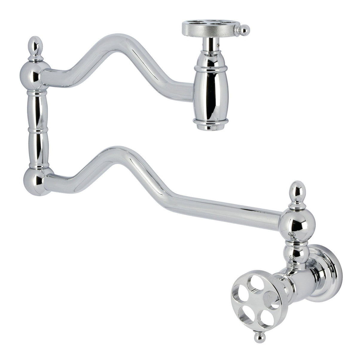 Wendell KS2101RKZ Two-Handle 1-Hole Wall Mount Pot Filler with Knurled Handle, Polished Chrome